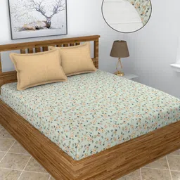 BREVARD White & Beige Printed Fitted 210 TC King Bedsheet with 2 Pillow Covers 2.7m x2.7m-image-18