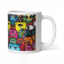 Mr UVD White & Yellow Cartoon Characters Printed Ceramic Glossy Mug 350 ml image 2