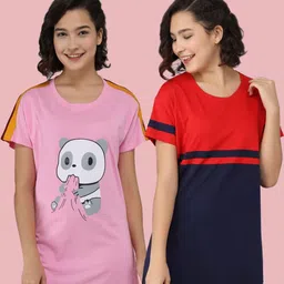 Christy World Women Pack Of 2 Colourblocked Round Neck Longline Cotton T-shirt-picture-18