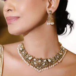 Rubans 22K Antique Gold-Plated CZ & White Pearl Drops Lakshmi Motif Temple Jewellery Set-image-52