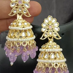 EVY Floral Gold-Plated Kundan Studded & Artificial Beaded Dome Shaped Jhumkas-picture-19