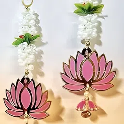Nutts 2-Pcs Pink & Yellow Wooden Lotus Hanging FestiveDecor image 2
