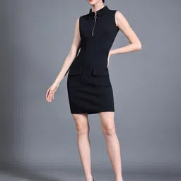 Chemistry Women Collared Sleeveless Polyester Solid Bodycon Knee-Long Work wear Dress-picture-26