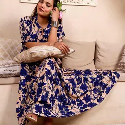 PRESHA Women Floral Printed Tiered Puff Sleeves Fit and Flare Maxi Dress-picture-17
