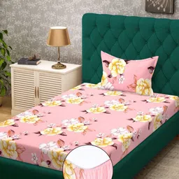 KLOTTHE Pink & White Printed 300 TC Single Bedsheet With Pillow Cover - 2.5 m x 1.5 m-image-71