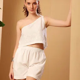 ELIAKI ENTERPRISES Floral Embroidered One Shoulder Neck Top With Shorts-image-28