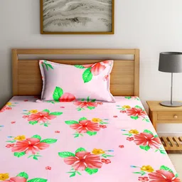 Myntra Elegant Homes Pink Printed Fitted 300 TC Single Bedsheet Set-2.20 m x 1.50 m image 2
