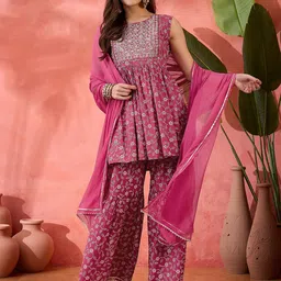 Sangria Pink Floral Embroidered Sleeveless Anarkali Kurti With Sharara And Dupatta-image-86