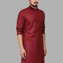 ANUJ FASHION Men Red Solid Cotton Blended Knee Length Kurta-image-54