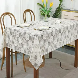 LooMantha White & Brown Ethnic Motifs Printed Cotton 6-Seater Rectangle Table Cover image 1