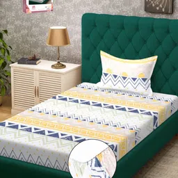 Myntra Elegant Homes White & Blue Geometric 300 TC Single Bedsheet with 1 Pillow Covers image 1