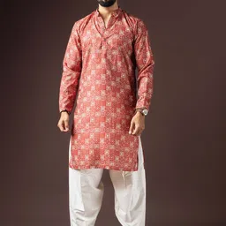 Rawayi Men Printed Mandarin Collar Thread Work Kurta-image-96