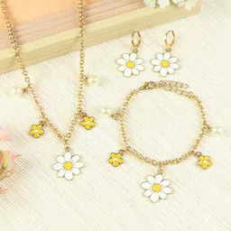 Asthetika Kids Girls Gold-Plated Stone-Studded & Beaded Floral Charm Jewellery Set-picture-52