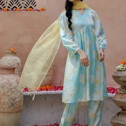 Sangria Blue And Green Floral Printed V-Neck Empire Anarkali Kurta With Trousers & Dupatta-picture-22