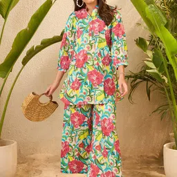 IMANA Tropical Printed Pure Cotton Mandarin Collared Tunic With Palazzos Co-Ords image 4