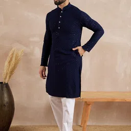 Anouk Geometric Embroidered Mandarin Collar Sequinned Straight Kurta image 4