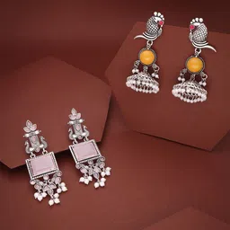 DIVASTRI Set Of 2 Silver-Plated Artificial Stones Studded Oxidised Dome Shaped Jhumkas image 2