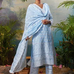 Indo Era Women Ethnic Motifs Embroidered Regular Chikankari Pure Cotton Kurta with Trousers & With Dupatta-picture-30