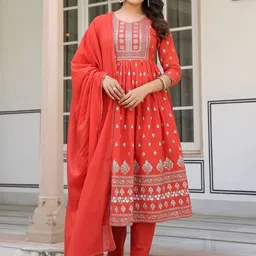 KALINI Women Ethnic Motifs Embroidered Panelled Thread Work Pure Cotton Kurta with Trousers & With Dupatta image 4