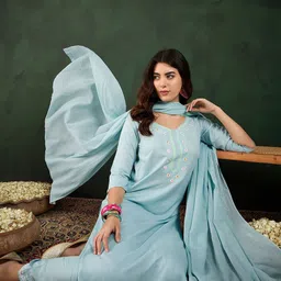 Sangria Blue Floral Yoke Design Sweetheart Neck Straight Kurta With Trouser & Dupatta image 3