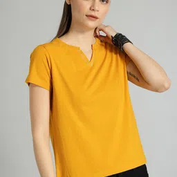 roadster Women Solid V Neck Cotton Blend Yellow T-Shirt-picture-10