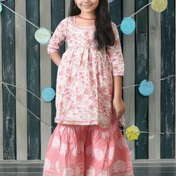 Kids On Board Girls Floral Printed Pure Cotton A-Line Kurta With Sharara-picture-22