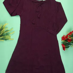 V-Mart Girls Solid Self Design Tie-Up Neck Puff Sleeves A-Line Knee Length Dress-picture-30