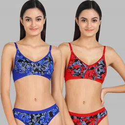 samvar Women Blue,Red Cotton Bra Panty Set for Lingerie Set Undergarments Pack of 2-picture-21