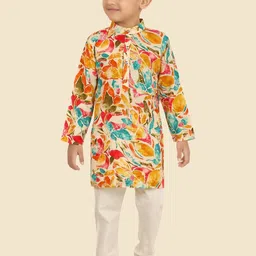 Little Desi Boys Floral Printed Band Collar Pure Cotton Kurta With Pyjama-image-7