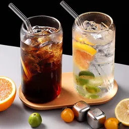convoke (Pack of 2) Can Shaped Glass Mug with Glass Straw | Glass Tumbler for Juice, Cold Coffee Glass Set Water/Juice Glass-picture-34