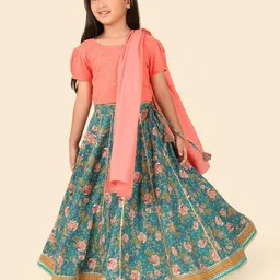 Fabindia Girls Floral Printed Cotton Ready to Wear Lehenga & Blouse With Dupatta-picture-38