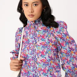 DressBerry Endearing Floral Print High Neck Smocked Puffed Shirt Style Top image 2