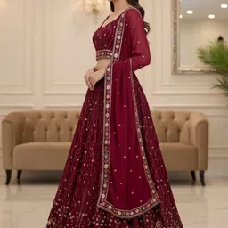 TIKODI Embroidered Silk Georgette Semi-Stitched Lehenga & Unstitched Blouse With Dupatta image 3