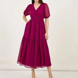 Styli Women V-Neck Puff Sleeves A-Line Maxi Dress-image-46