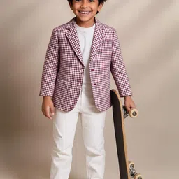 tales & stories Boys Maroon Checkered Full Sleeve Blazer image 5