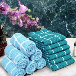 Aura 12Pcs Blue & White Checked Pure Cotton 150 GSM Hand Towels-image-37