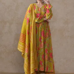 Moara Women Floral Print Pleated Anarkali Kurta & Trousers With Dupatta-image-12