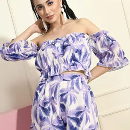 fuchsia PRETTY LOVING THING Abstract Printed Off-Shoulder Neck Casual Crop Top With Shorts image 1