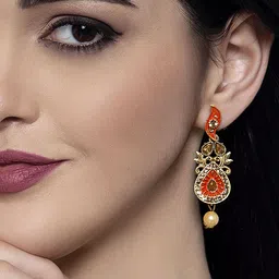 ANIKAS CREATION Gold-Plated Artificial Stones and Beaded Contemporary Drop Earrings image 2