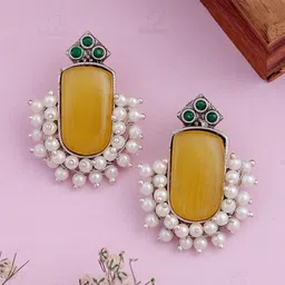 KRISHAZ Silver-Plated Artificial Stones Studded & Beaded Geometric Shaped Drop earrings-picture-14
