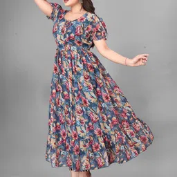 QENA Floral Print Puff Sleeve A-Line Maxi Dress image 3