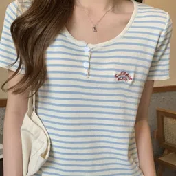 KPOP Women Round Neck Short Sleeves Horizontal Stripes Top image 5