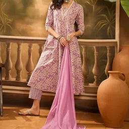 Sangria Floral Printed V-Neck Pure Cotton Kurta With Trouser And Dupatta-picture-29