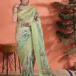 Sangria Floral Print with Woven Design Zari Border Pure Silk Saree With Unstitched Blouse-image-23