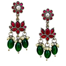Zeviel Gold-Plated Artificial Stones Studded & Beaded Floral Shaped Drop Earrings image 5