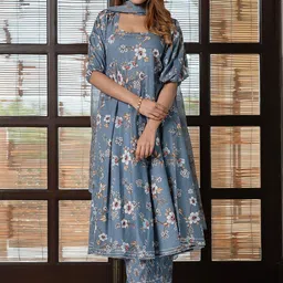 Jaitpuriya Floral Printed Gotta Patti Pure Cotton A-Line Kurta & Trousers With Dupatta image 1