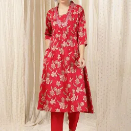 House Of Zelena Women Floral Printed Regular Mirror Work Kurta with Trousers-image-81