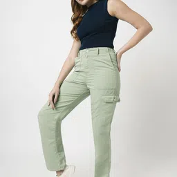 Kraus Jeans Women Solid Relaxed Straight Leg Loose Fit High-Rise Cargos Casual Trousers image 5