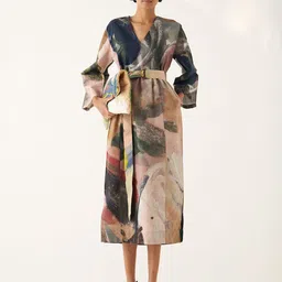 OFRIDA Wallflower Women Print Bell Sleeve V Neck A-Line Midi Dress-picture-14