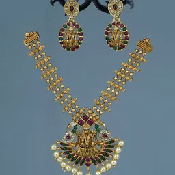 Diksha collection Brass-Plated Stone Studded & Beaded Matte Finish Temple Jewellery Set image 4